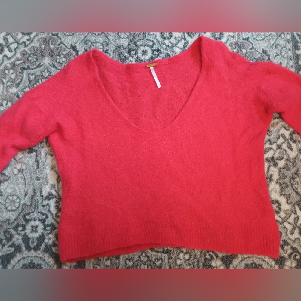 Free People Alpaca Wool Cropped Sweater Small Pink V Neck Y2K Feminine - Picture 2 of 10